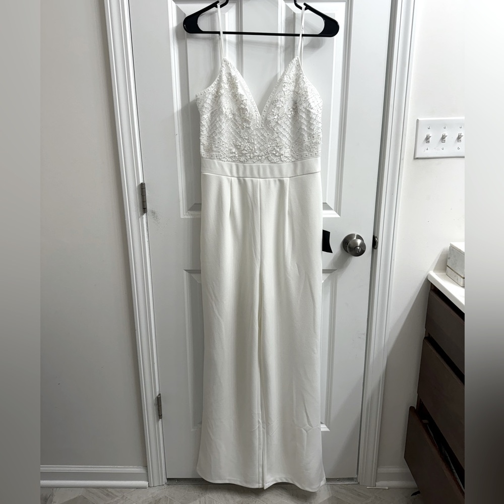 Lulu’s Memorable Occasion White Beaded Sequin Wide-Leg Jumpsuit - Women’s M